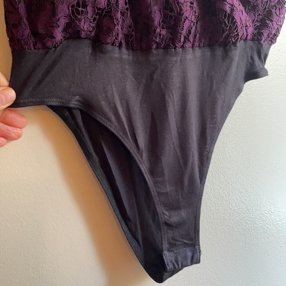 NWT XS/XL Leyden purple eyelash lace overlay deep V bodysuit drape front cotton - Picture 6 of 11